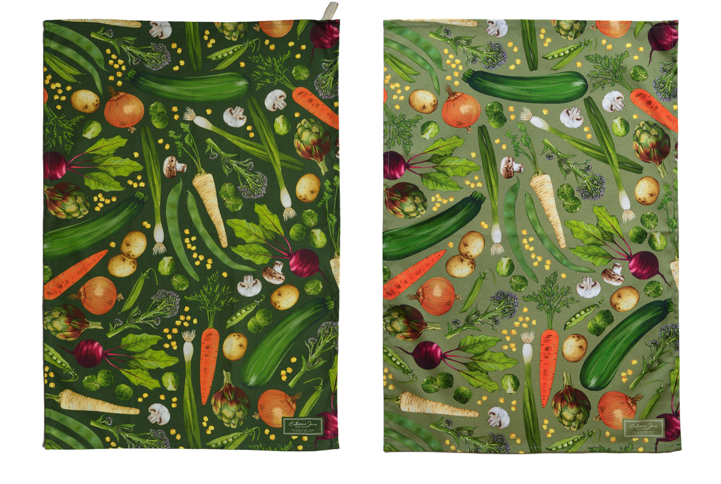 Cutout image of colourful vegetable illustrated tea towels, two pack. Kitchen bundle gift UK