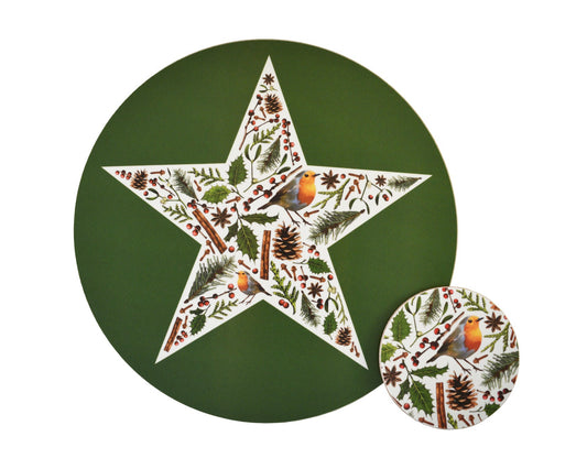 Christmas star placemat and matching coaster with robins, fir cones, mistletoe, holly and berries. Cutout image