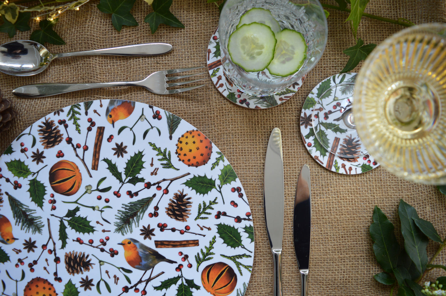 Elements coasters being used on a festive tablescape