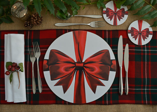 Christmas red ribbon placemat and coaster set on a festive tablescape