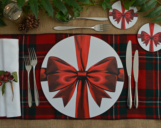 Christmas red ribbon placemat and coaster set on a festive tablescape