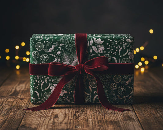 Floral patterned Christmas wrapping paper with luxury burgundy ribbon and rustic wooden desk