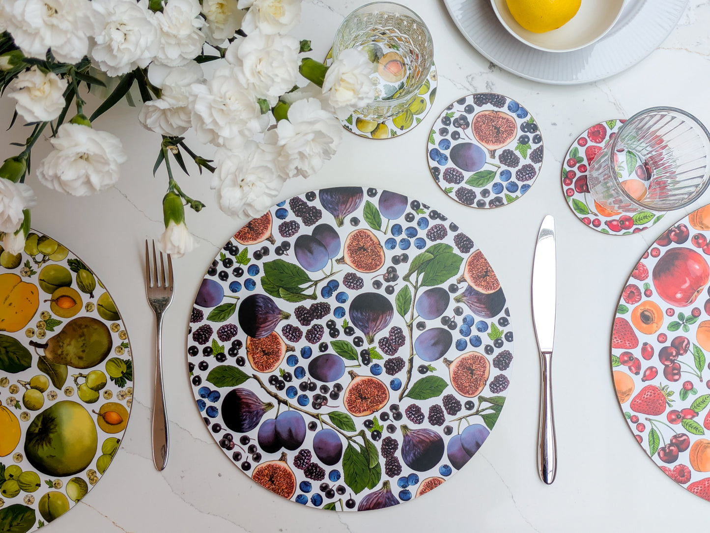 Spring fruit purple colourway placemat and coaster set