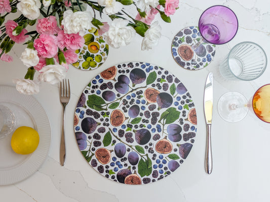 Spring fruit purple colourway placemat and coaster set