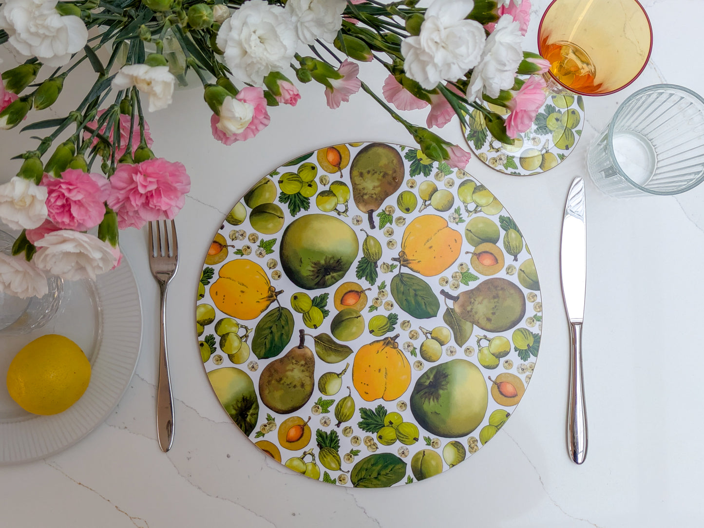 Spring fruit Green and Yellow colourway placemat and coaster set