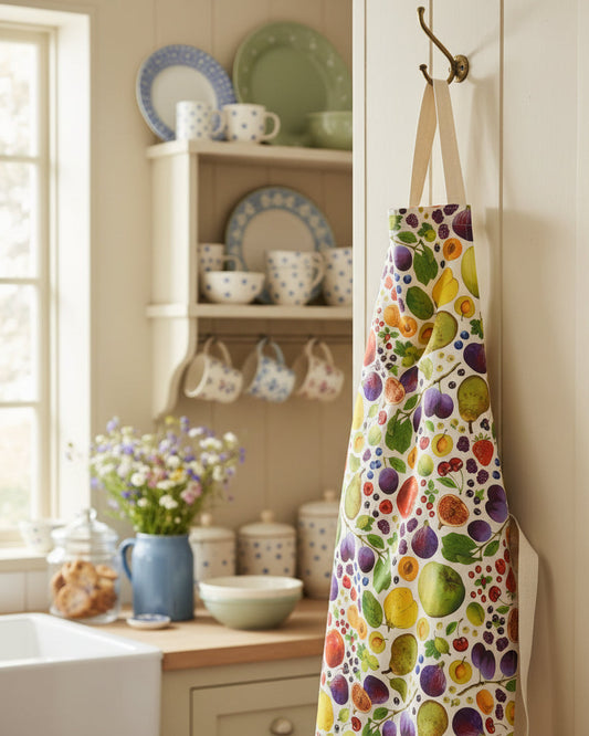 Colorful apron with fruit pattern hanging in a country style kitchen