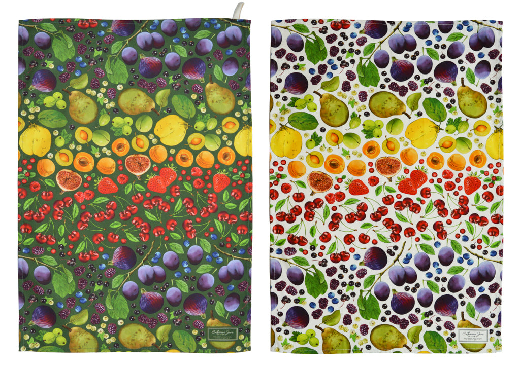 Cutout image of both the green and natural colourway fruit illustrated tea towels. Colourful kitchen textiles