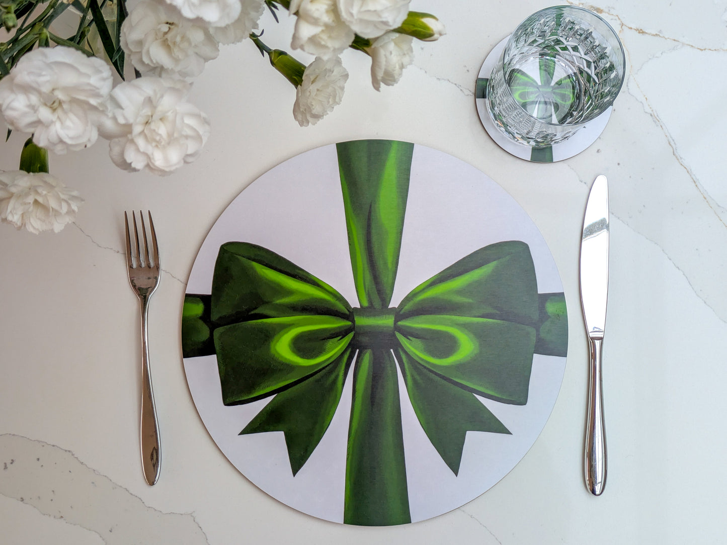 Green ribbon Spring table setting, beautiful pure rich Green bow placemat and coaster