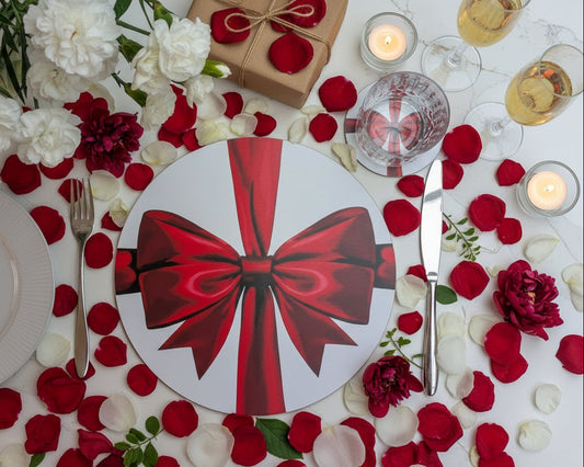 Warm Red ribbon placemat and coaster set shown on a bright marble table with fresh cut flowers, Summer romantic vibes