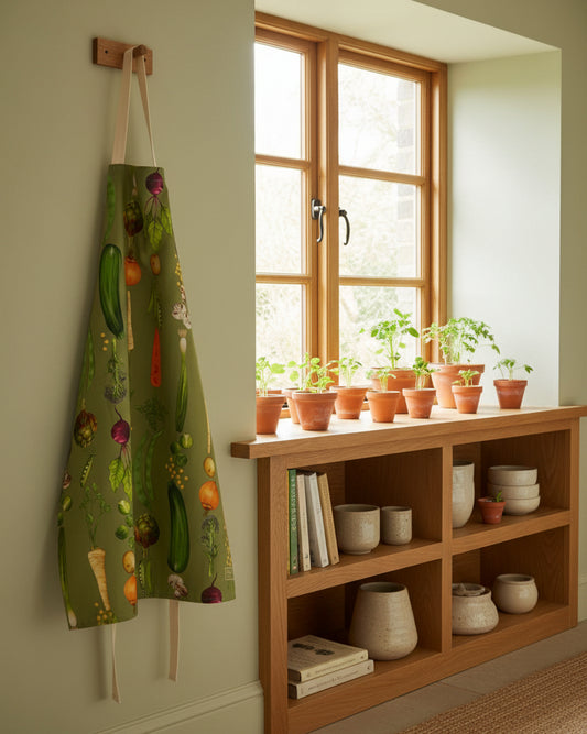 Green apron with vegetable pattern hanging in a garden room with sprouting vetetables and gardening books