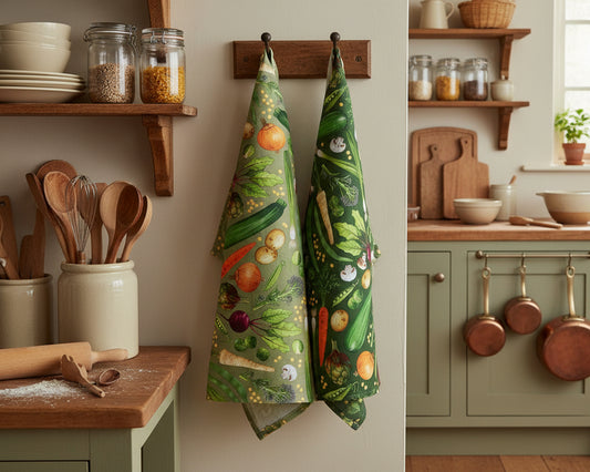 Vegetable patterned aprons hanging in a country kitchen
