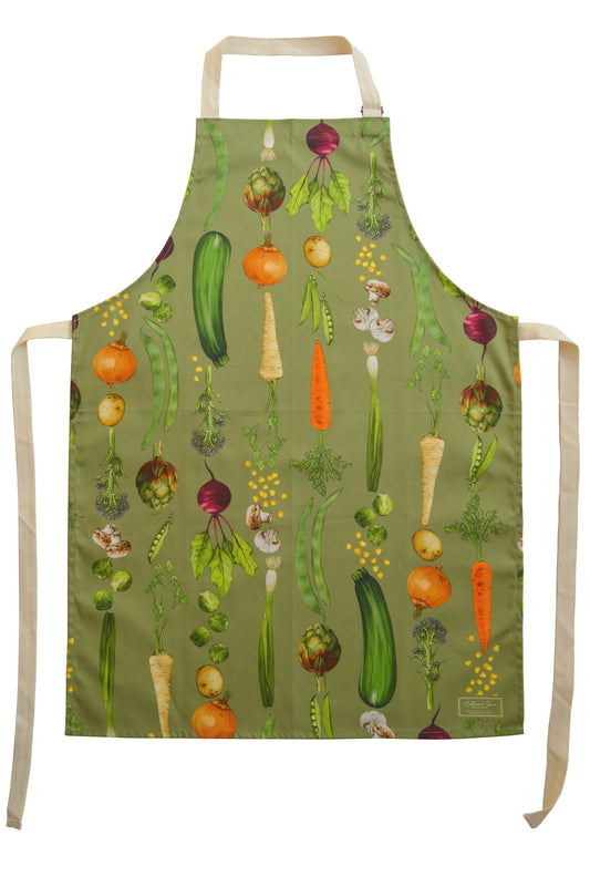 Cutout image of sage green colourway vegetable rows illustrated apron. Apron with gardening theme