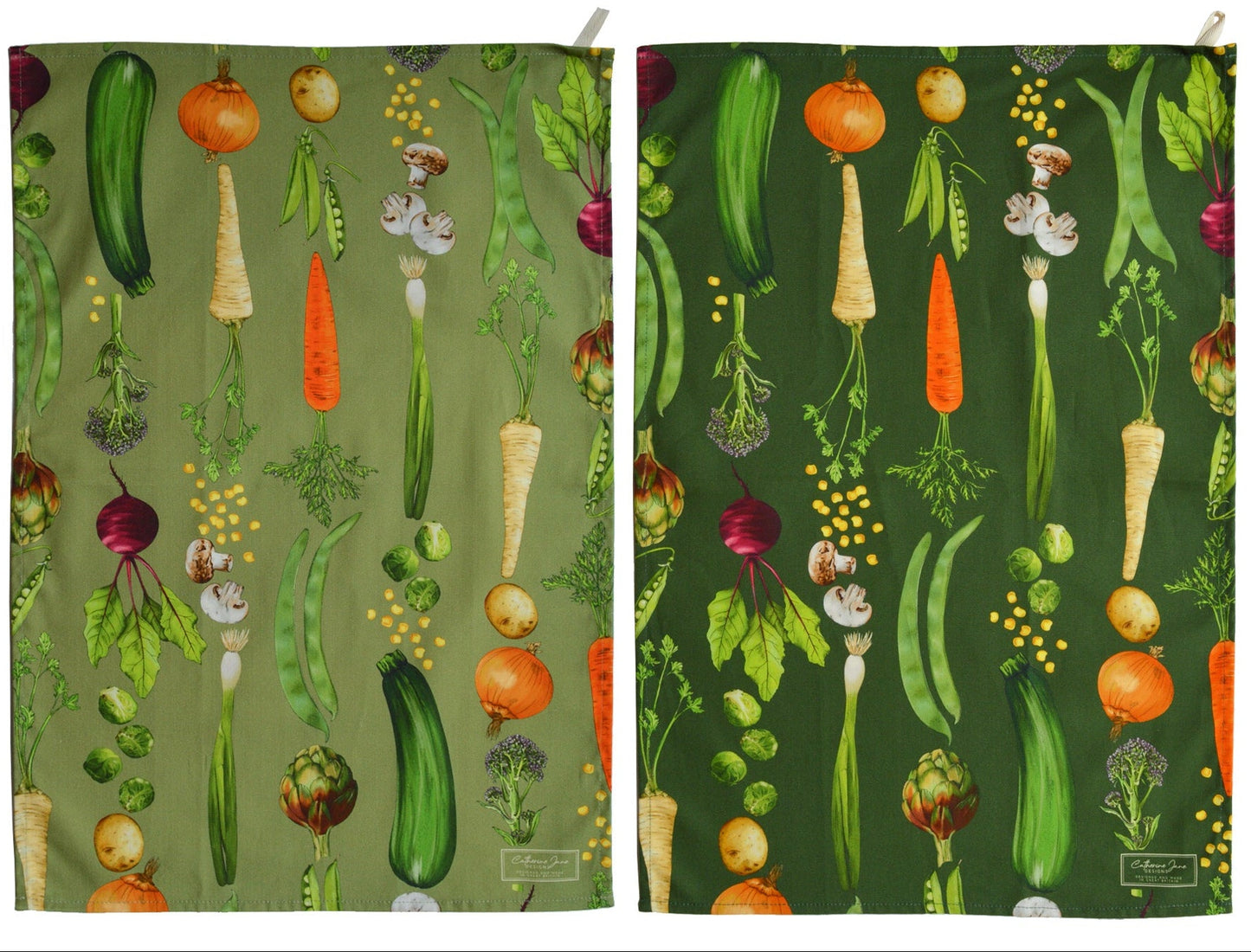 Cutout image of two pack vegetable rows colourful illustrated tea towels