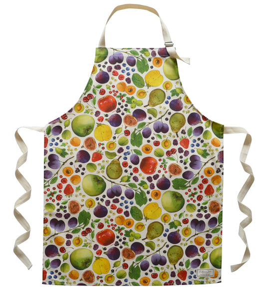 Cut out image of vibrant fruit illustrations on UK-made apron, colourful fun apron