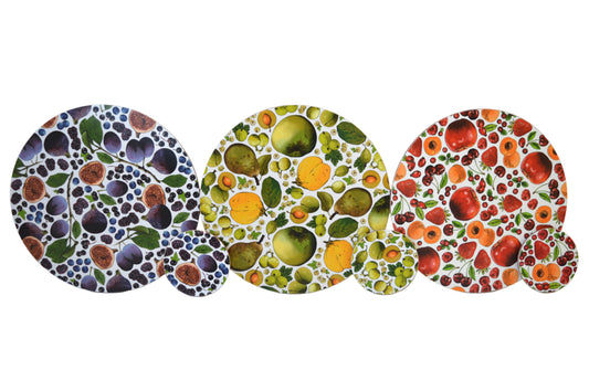 Fruit placemats and coasters lined up - colourful hardwearing tableware