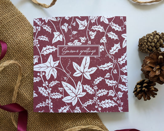 Christmas botanical card, Burgundy and White