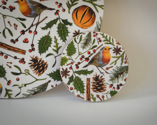 Christmas coaster, robin, holly, fir cone, berries