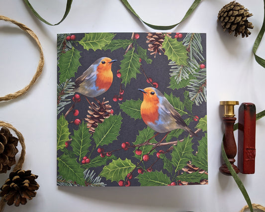 Robin and foliage Christmas card with wax stamp