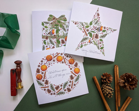 Christmas star, present and wreath cards, pack of Christmas cards