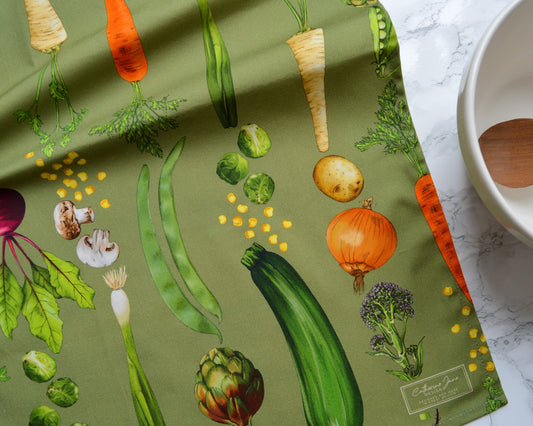 Sage Green tea towel, rows of vegetables