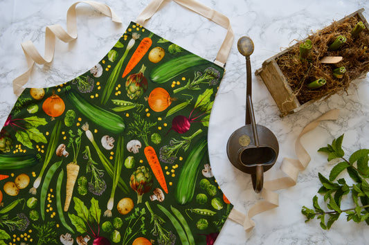 Organic cotton Vegetable print apron, nature themed kitchen accessories with gardening equipment