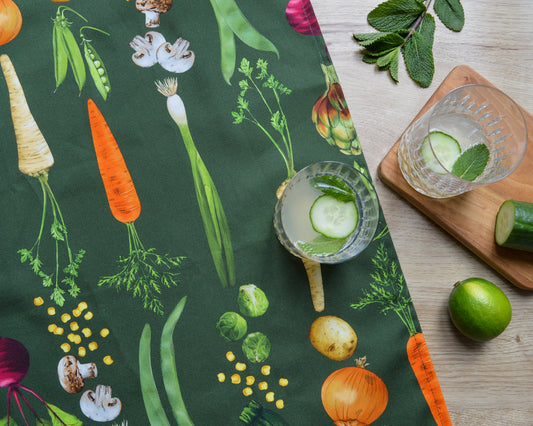 Dark Green tea towel, rows of vegetables