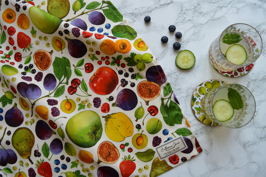Fruit colourful tea towel, foodie gift idea shown in kitchen scene