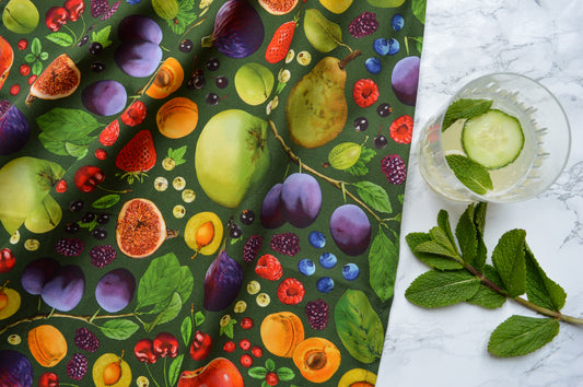 Fruit printed tea towel, seasonal fruit kitchenware with fresh produce