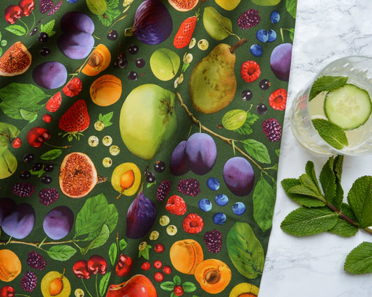 Fruit printed tea towel, seasonal fruit kitchenware with fresh produce