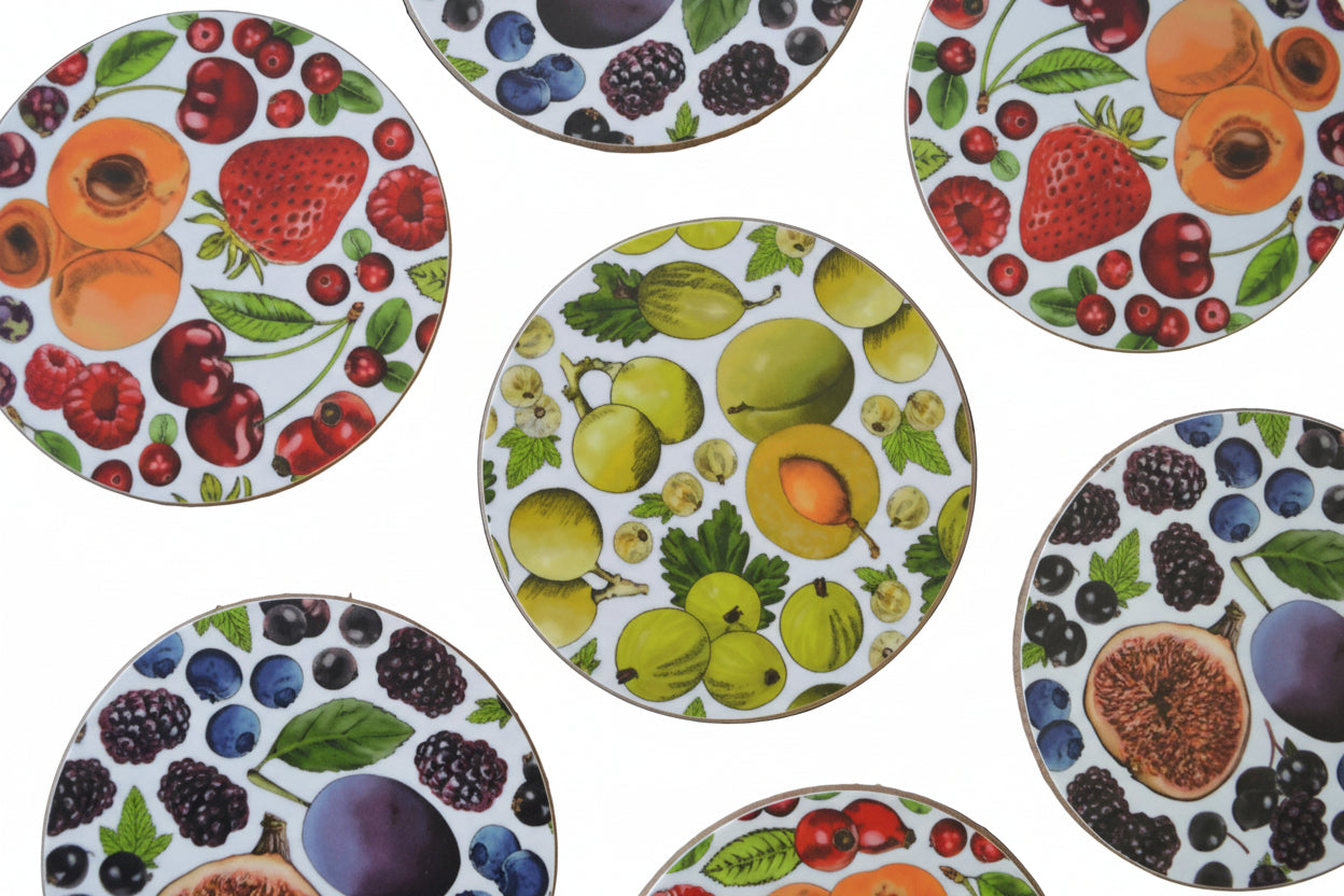 close up colourful fruit coasters