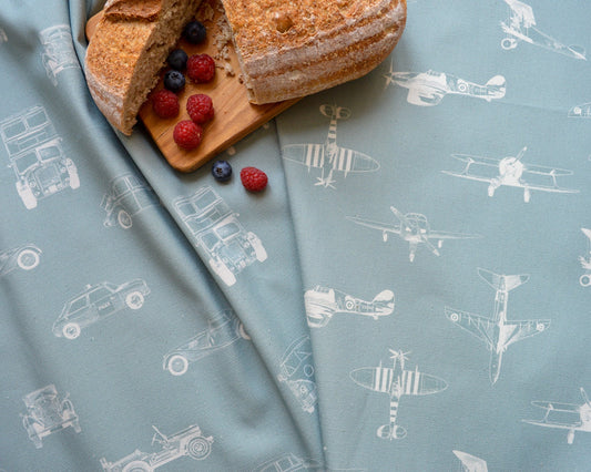 Blue vintage car and plane tea towels