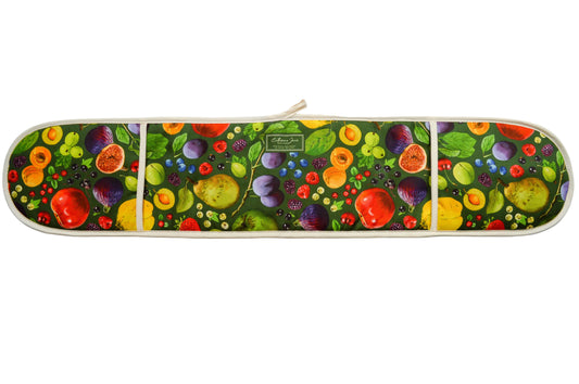 Cutout image of double oven gloves featuring British grown fruit illustrations by Catherine Jane