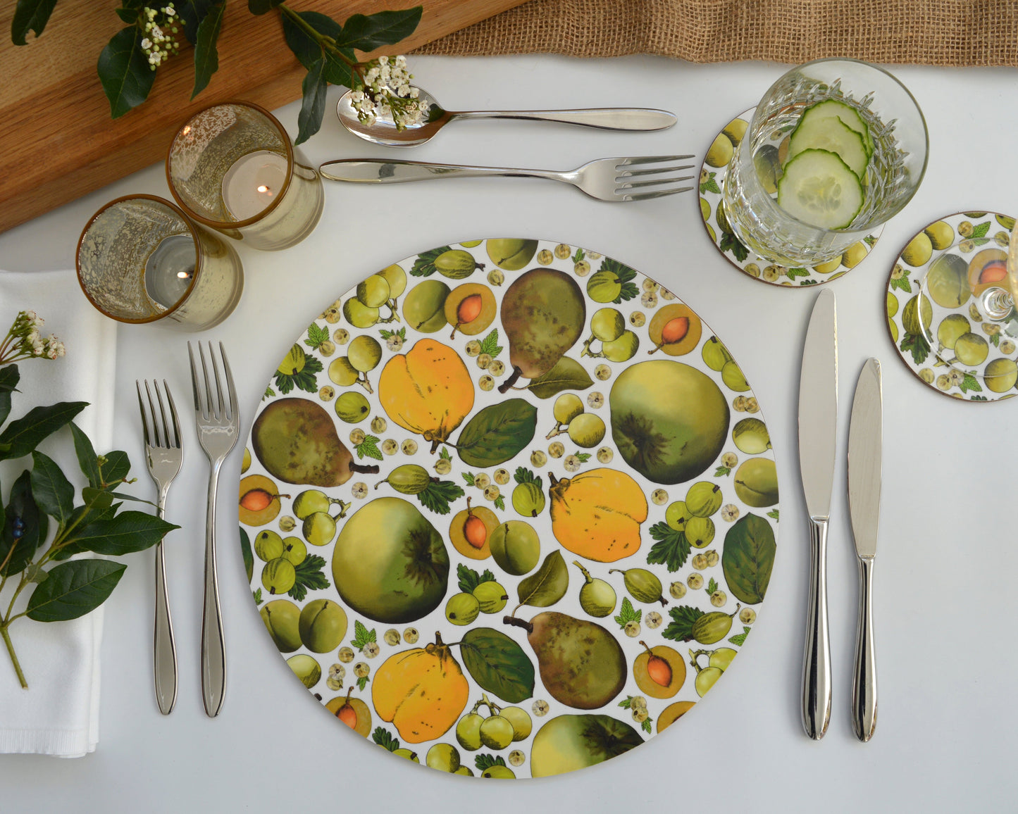 Green Yellow placemats and coasters with pears, apples, grapes and gooseberries