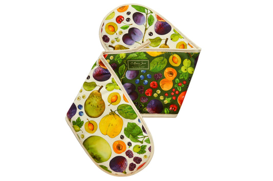 Double oven gloves with colourful fruit print, part of the kitchen textiles gift bundle made in the UK with organic cotton