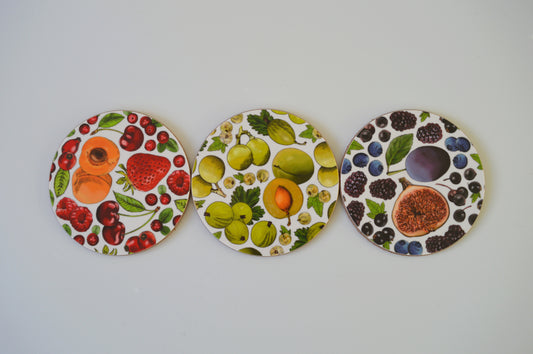 red, green, purple fun fruit illustrated coasters