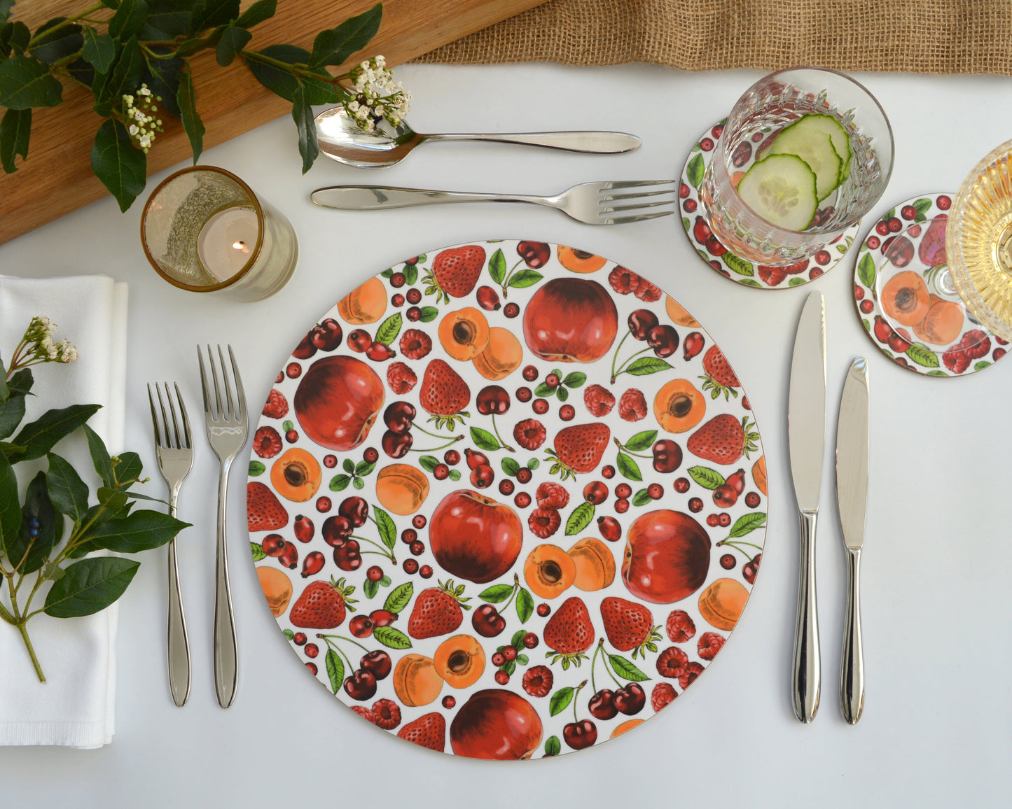 Red Orange placemats and coasters with apples, berries and cherries