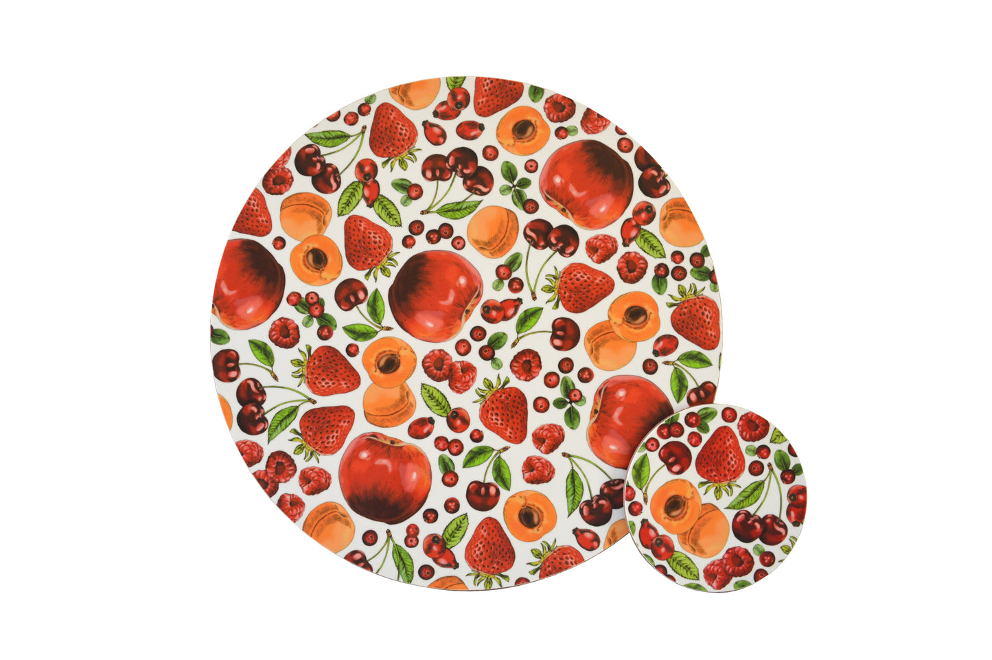 Cutout image of British fruit Reds and organge placemat with coaster