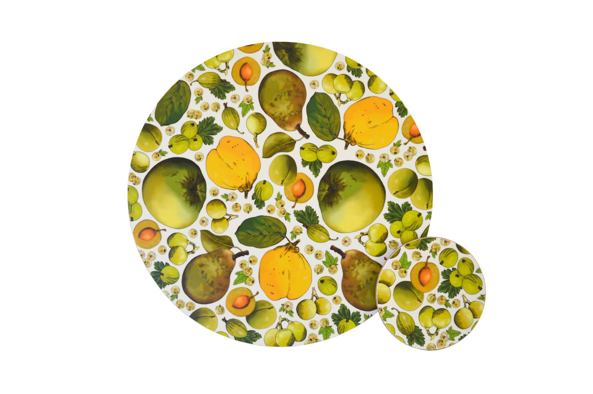 Cutout image of apples, pears, berries placemat and coaster