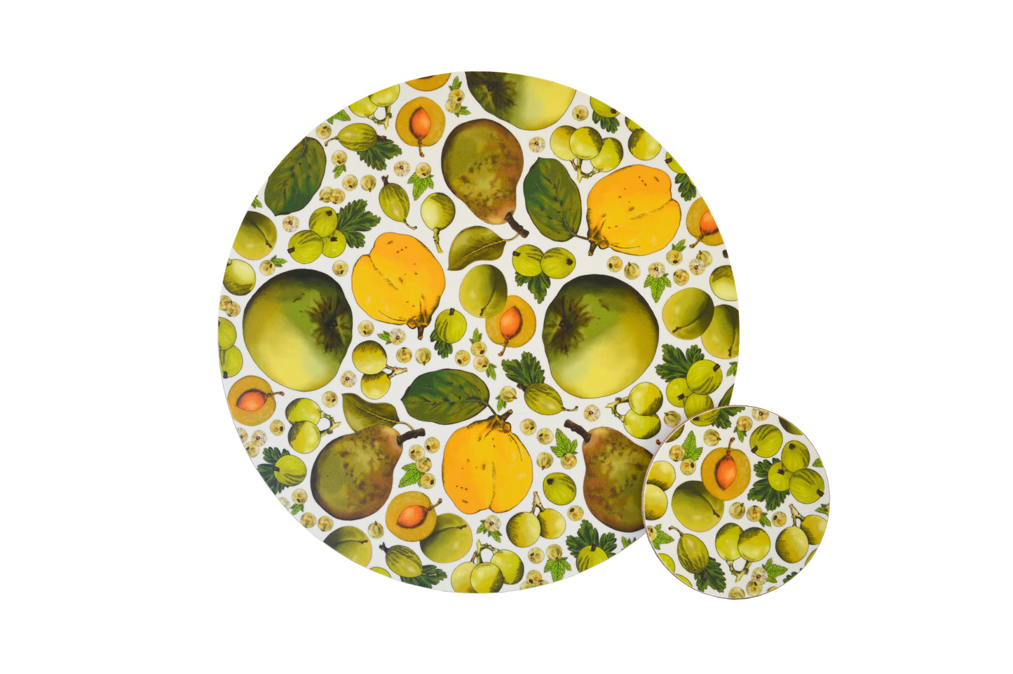 Cutout image of British fruit Yellow and Greens placemat with coaster