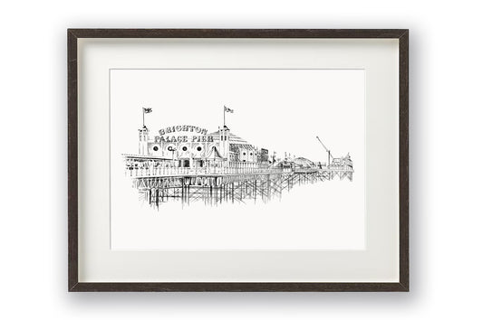 Image of a traditional pen and ink drawing capturing one of the most iconic attractions of the British seaside - Brighton Palace Pier. Shown mounted and in a narrow black frame