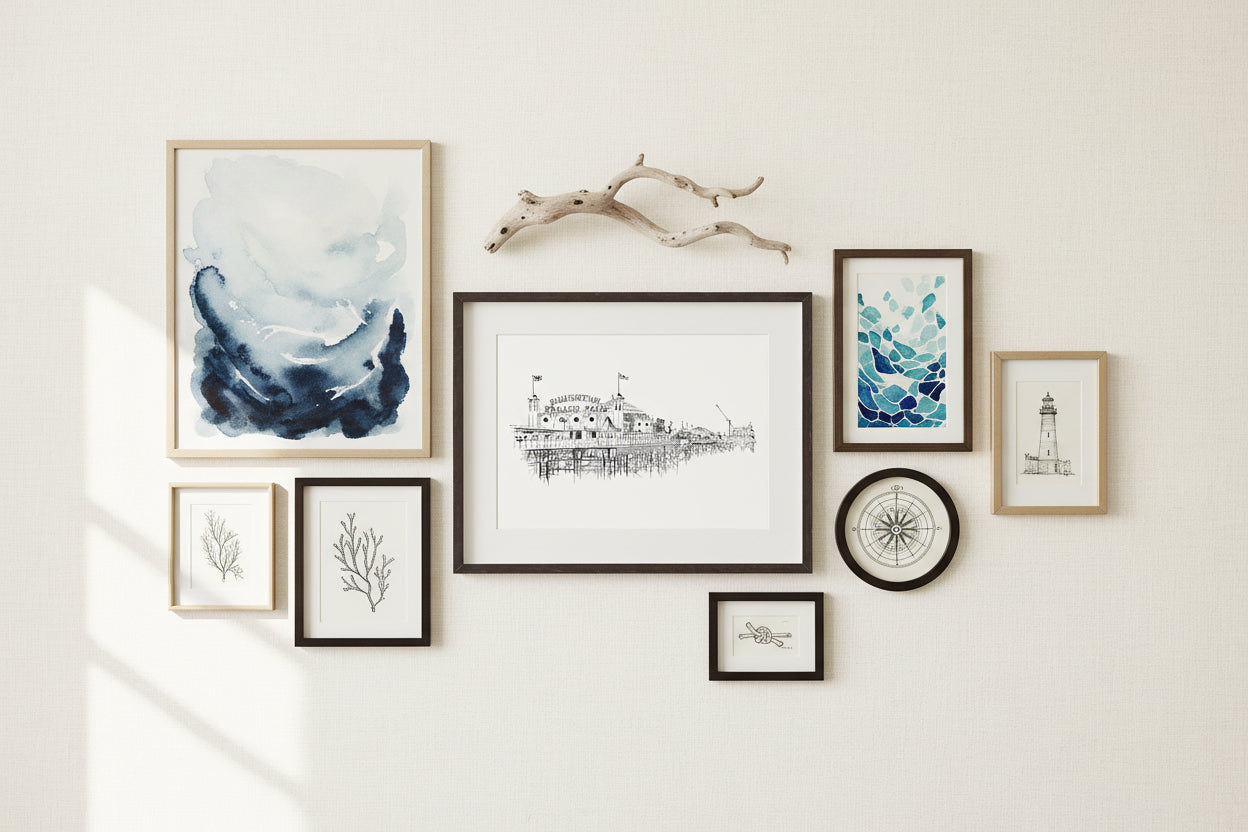 Framed black and white sketch print of Brighton Pier on a white mat, enclosed in a black frame with a seaside inspired gallery wall around 