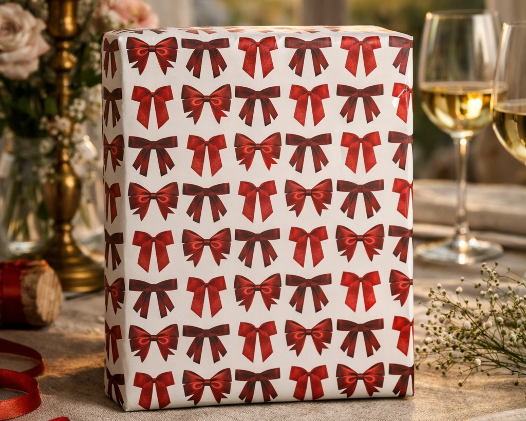 A wrapped gift box with a repeating pattern of red and brown bows on a white background, styled on a dining table with candles, wine glasses, and plates in a warm indoor setting.