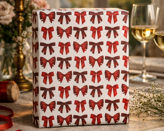 A wrapped gift box with a repeating pattern of red and brown bows on a white background, styled on a dining table with candles, wine glasses, and plates in a warm indoor setting.