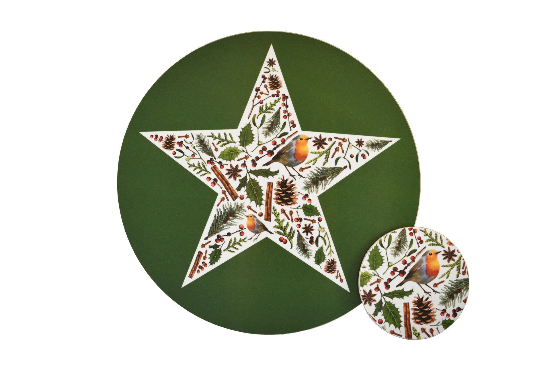 Christmas star placemat and matching coaster with robins, fir cones, mistletoe, holly and berries. Cutout image