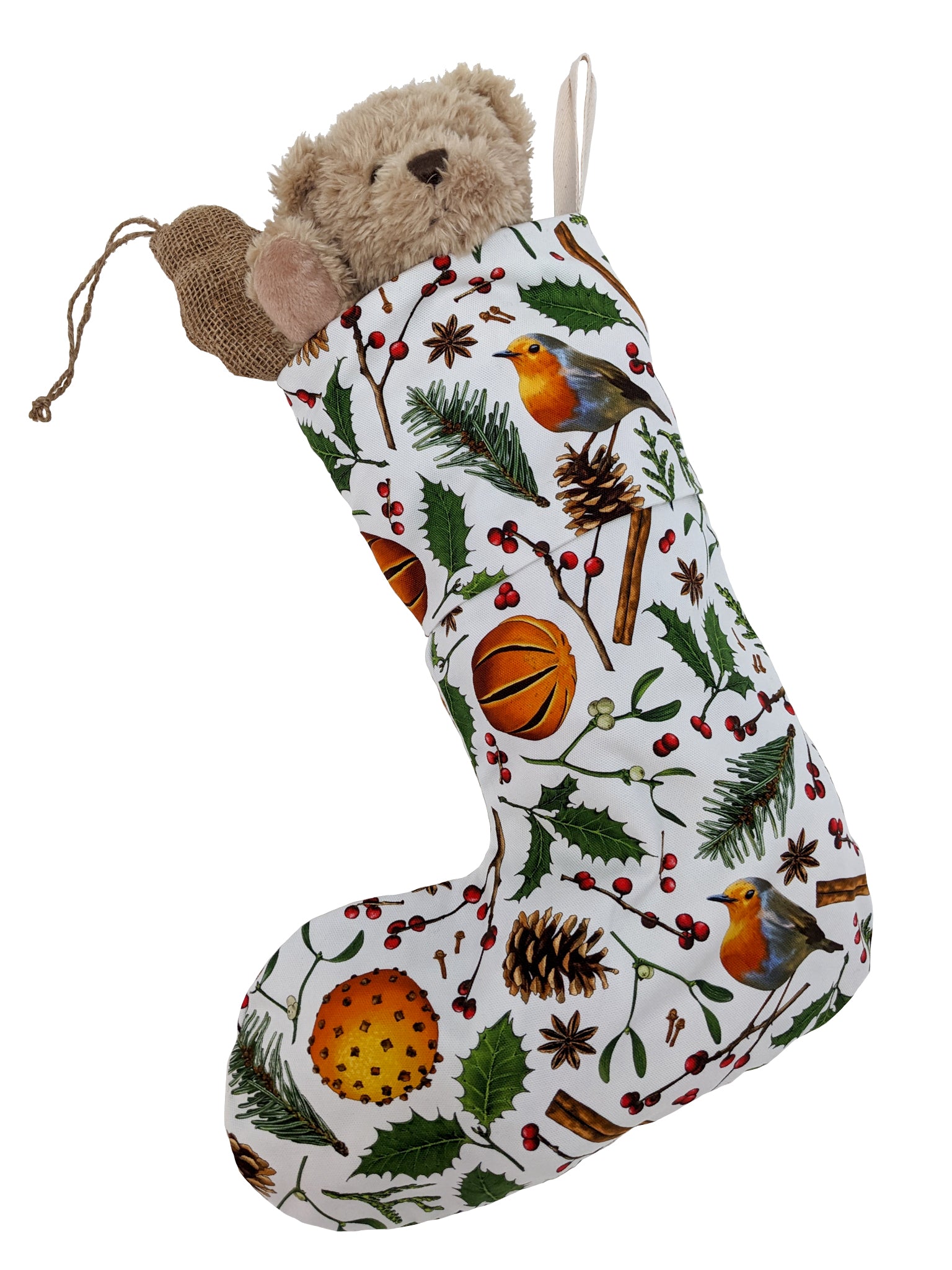 Hanging patterned Christmas stocking full of presents. Cutout image