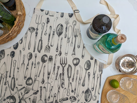 Cutlery illustrated organic cotton apron with summer drinks prep