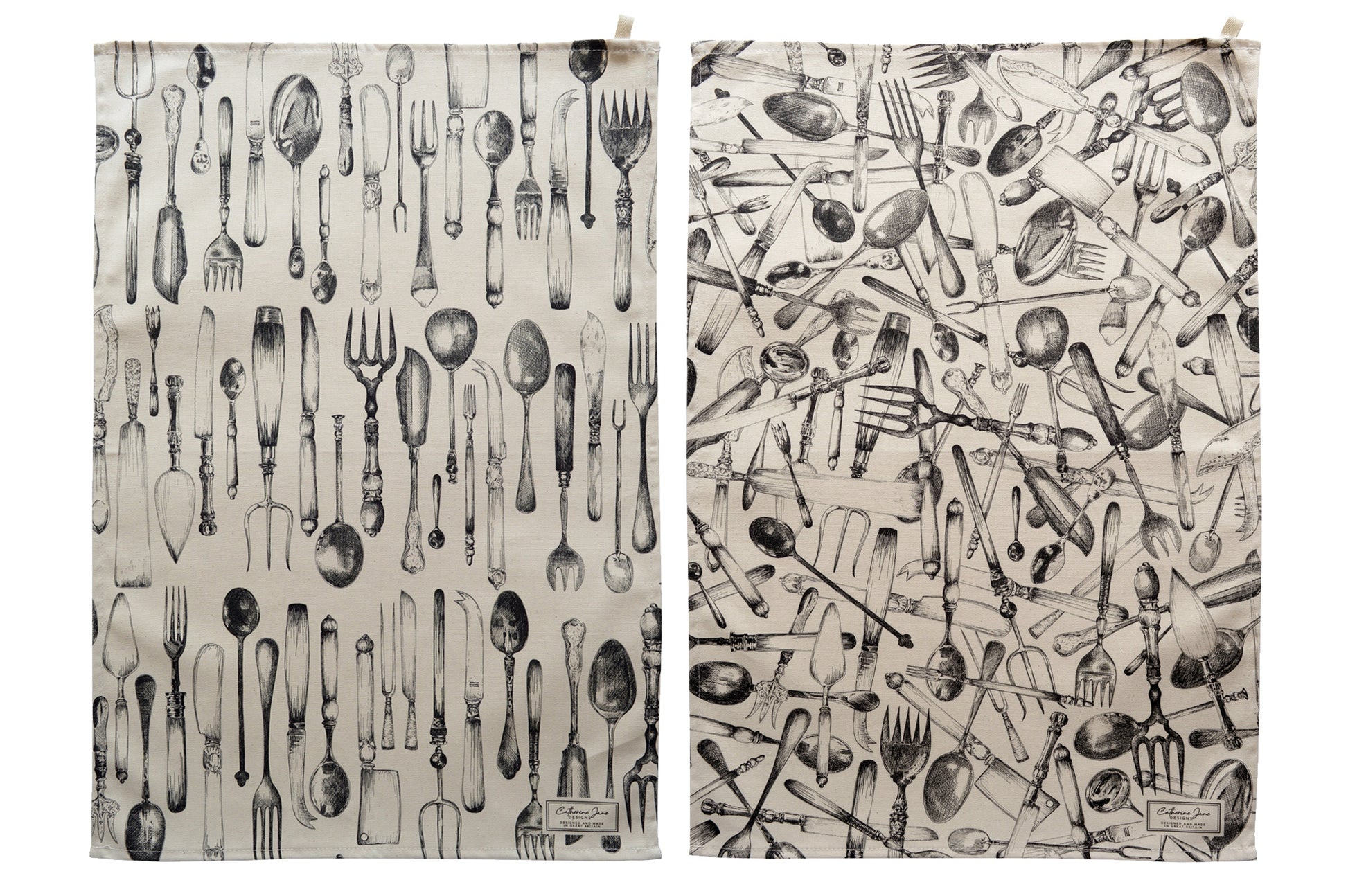 Cutout image of cutlery illustrations organised on a tea towel