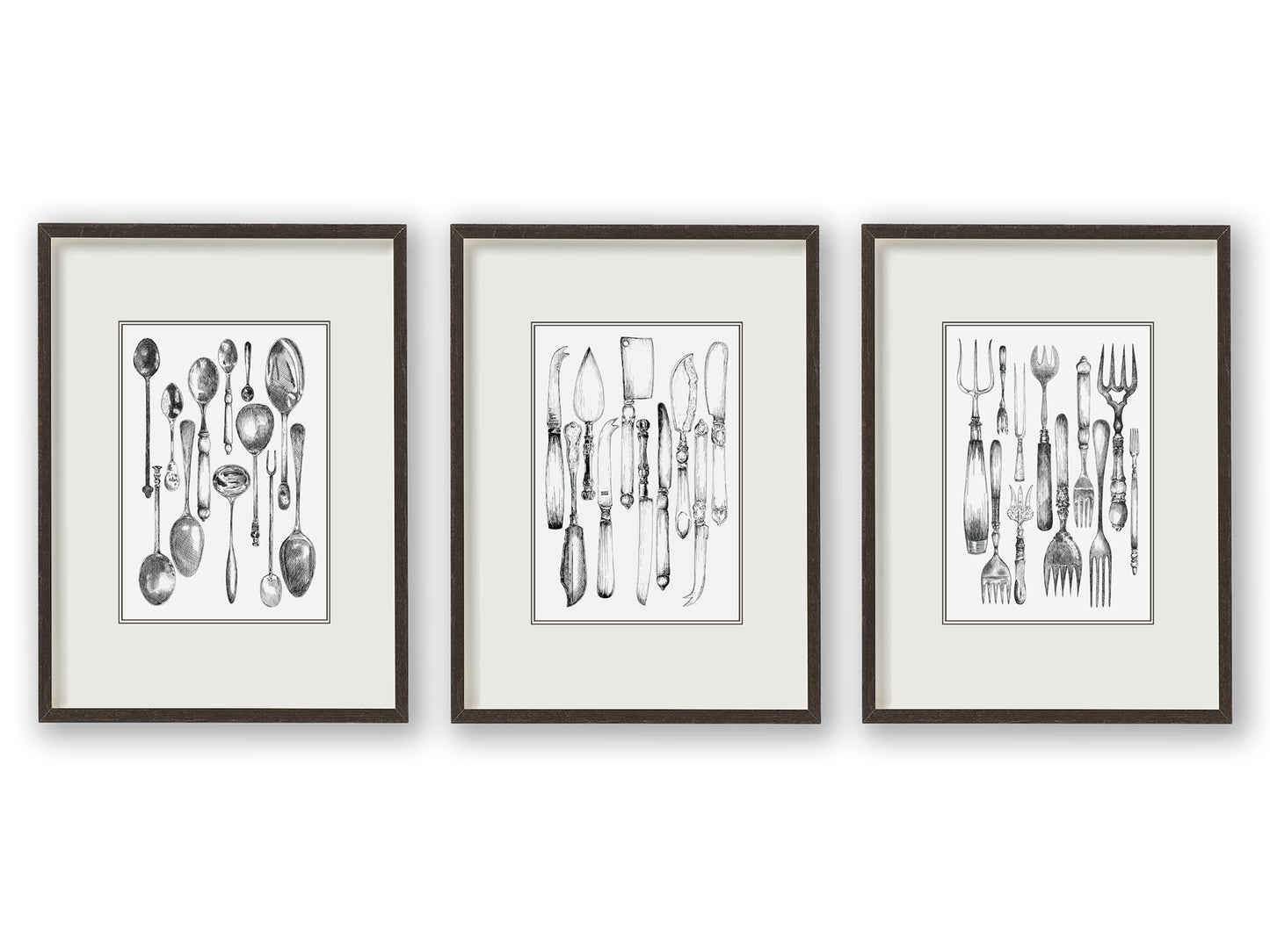 Trio of vintage knife, fork and spoon monochrome illustrations sitting balanced alongside one another, depicted mounted and in black frames