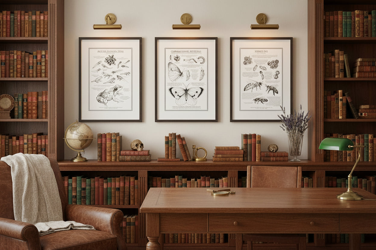Trio of educational British wildlife prints shown in a home library with soft lighting and artifacts