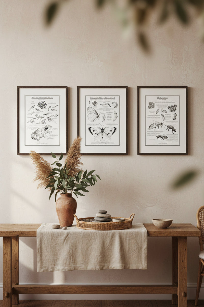 Trio of educational British wildlife prints. Monochrome illustrations and informative text to teach metamorphosis of the British Common Frog, Cabbage White Butterfly and the Honey Bee. Sophisticated yet educational art showing lifecycles within a natural home setting